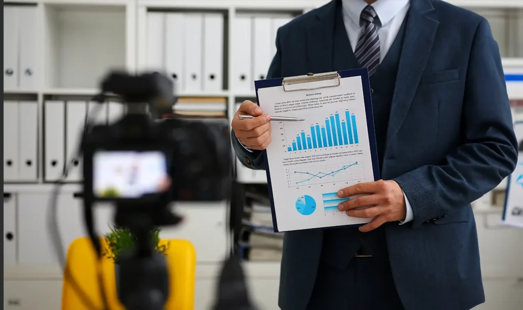 Businessman in a dark suit presents a chart to a video camera on a tripod.