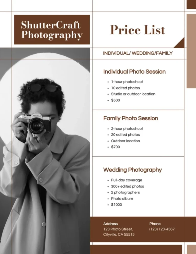 An example of photographer service menus