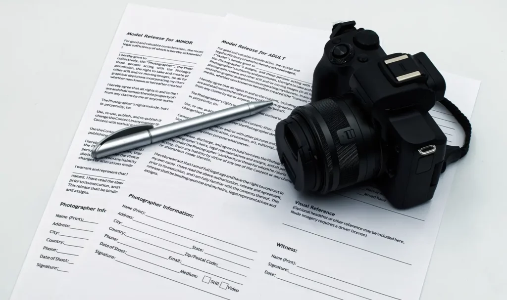 Black and white model photo release forms with a silver pen and a black camera sitting on top of the papers.