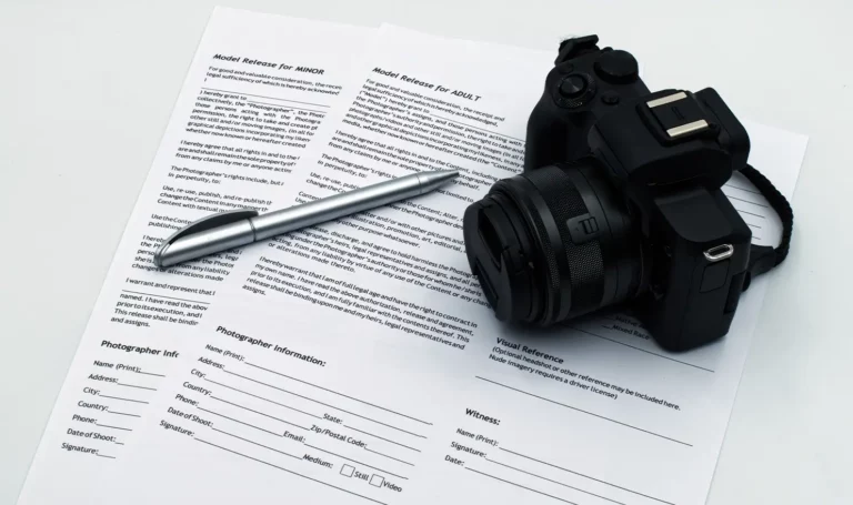 Black and white model photo release forms with a silver pen and a black camera sitting on top of the papers.