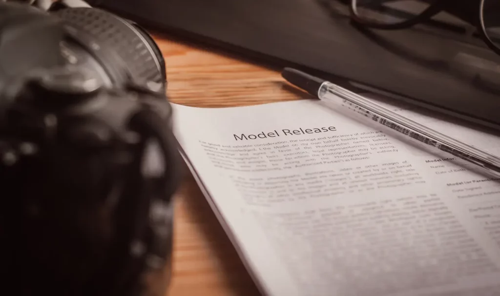 Close-up of a model release form sitting on a desk next to a black camera.